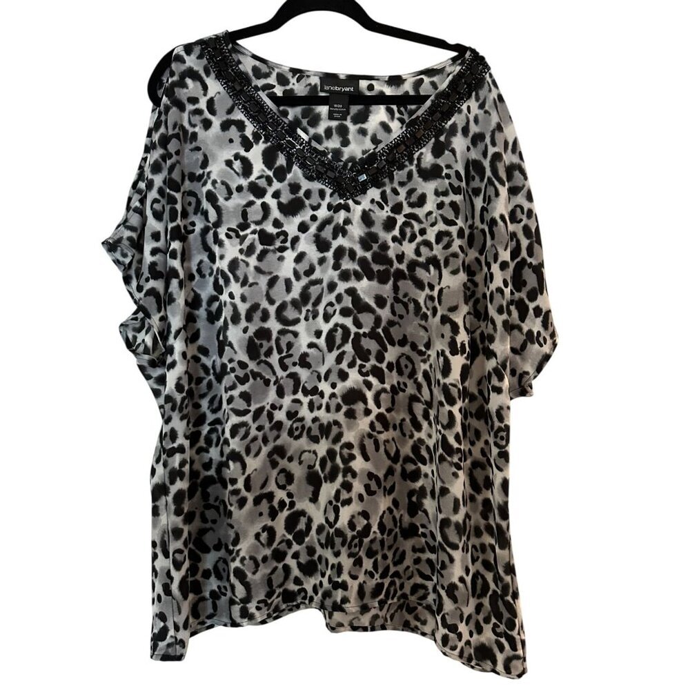 Lane Bryant Womens Top Cold Shoulder Black White Grey Leopard Print Size 18 20